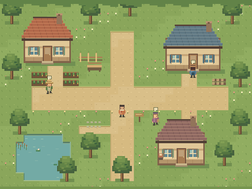 A pixel-art village with a garden, a workshop and a pond, joined by winding paths.